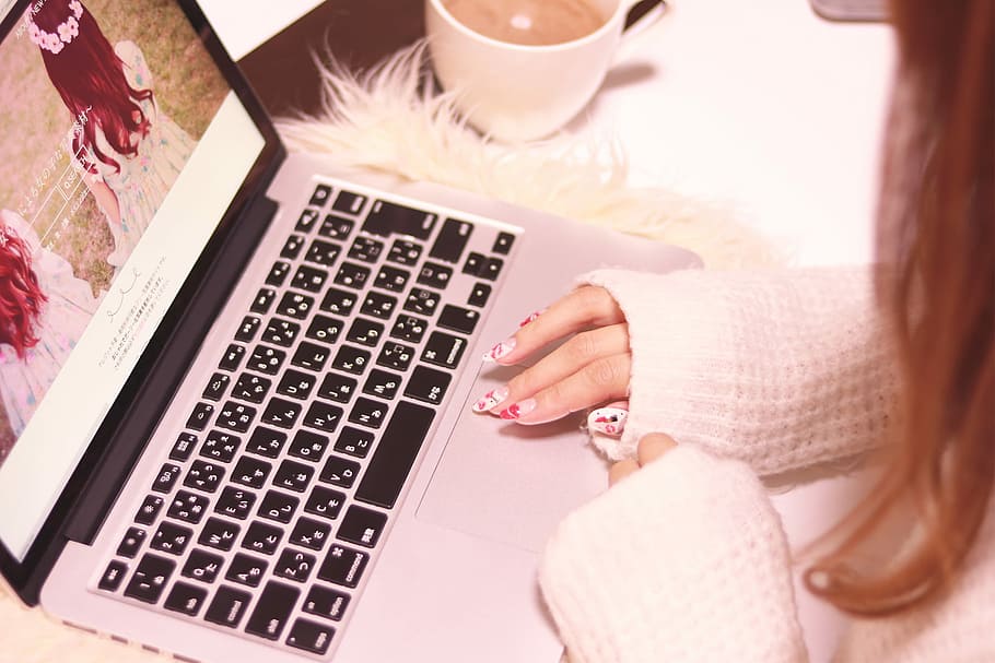 woman wearing white sweater using laptop, women, computer, technology HD wallpaper