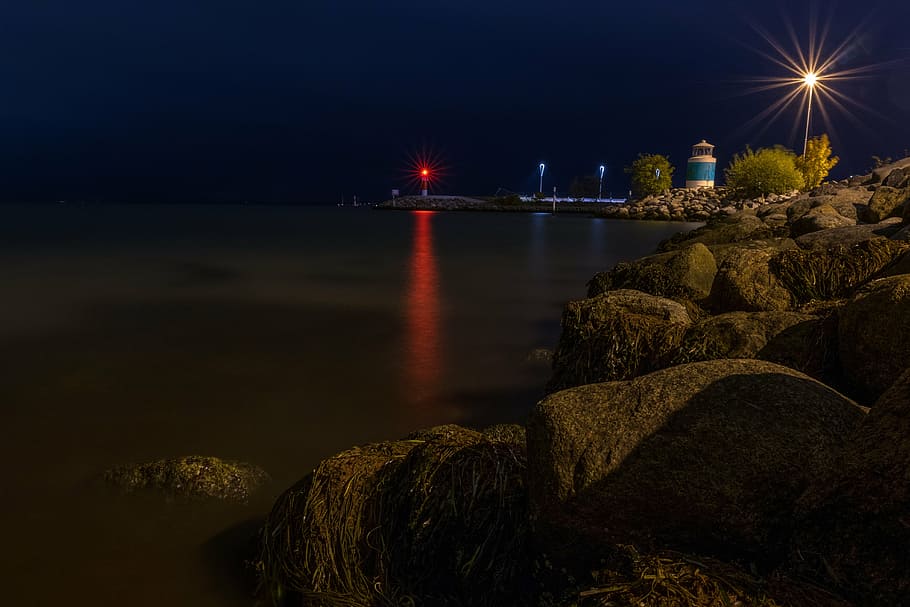 lighthouse near the tree, white, blue, beside, body, water HD wallpaper