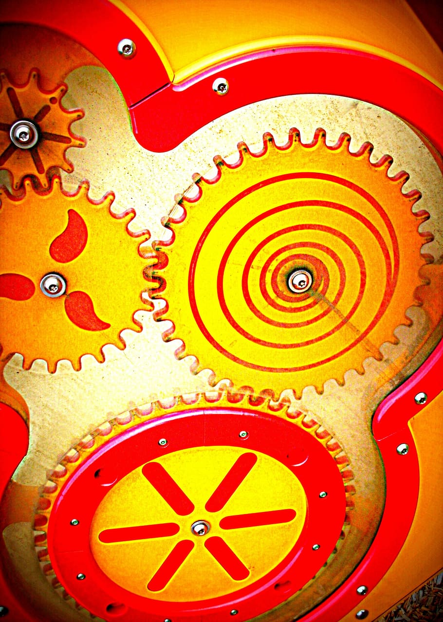 toy, gears, red, yellow, plastic, playground, no people, pattern HD wallpaper