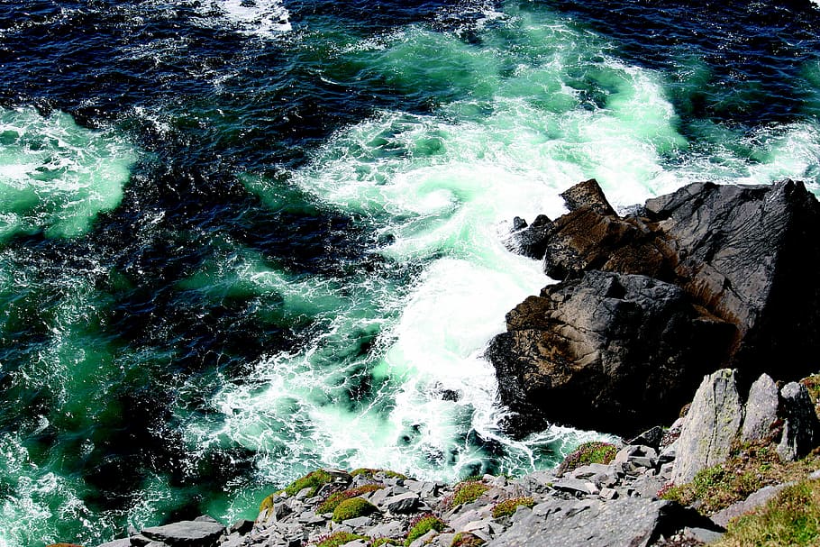 rock formation beside body of water, atlantic, cliffs, surf, sea, HD wallpaper