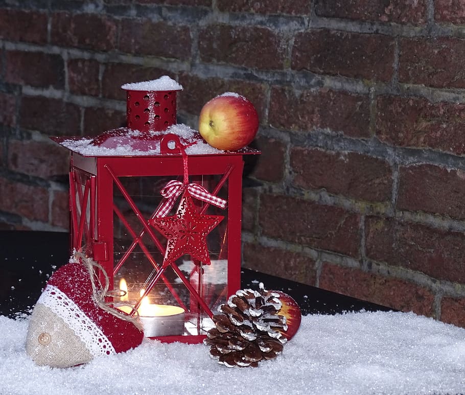 red apple fruit on lantern candle holder on snow, christmas HD wallpaper