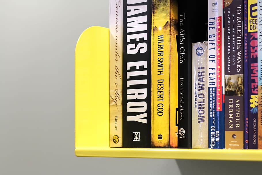 James Ellroy books on shelf, bookshelf, yellow, library, literature, HD wallpaper