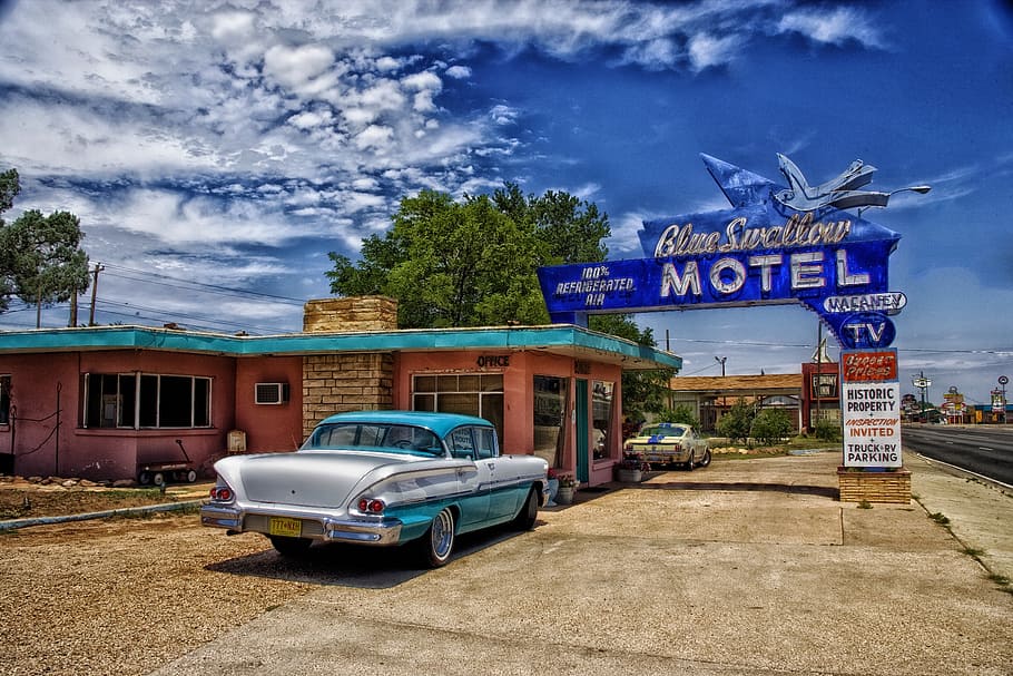 Blue Swallow Motel, tucumcari, new mexico, old, automobile, travel, HD wallpaper