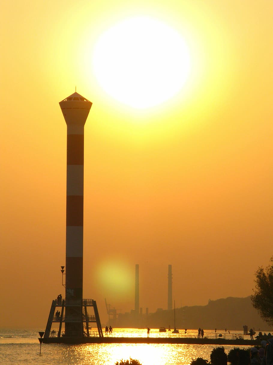 setting sun, lighthouse, elbe, sky, architecture, built structure HD wallpaper