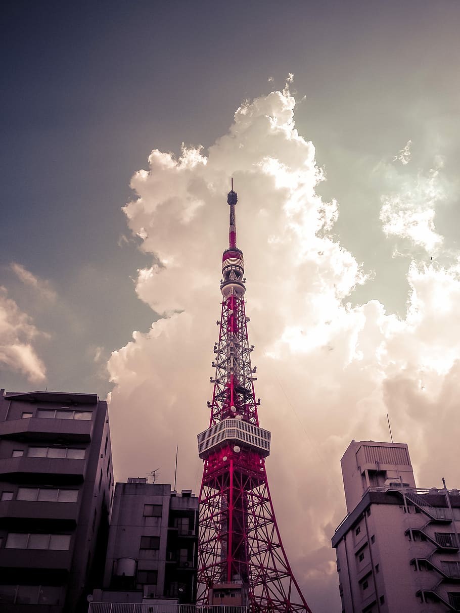 red and whtie metal tower, tower under cloudy sky, building, structure HD wallpaper
