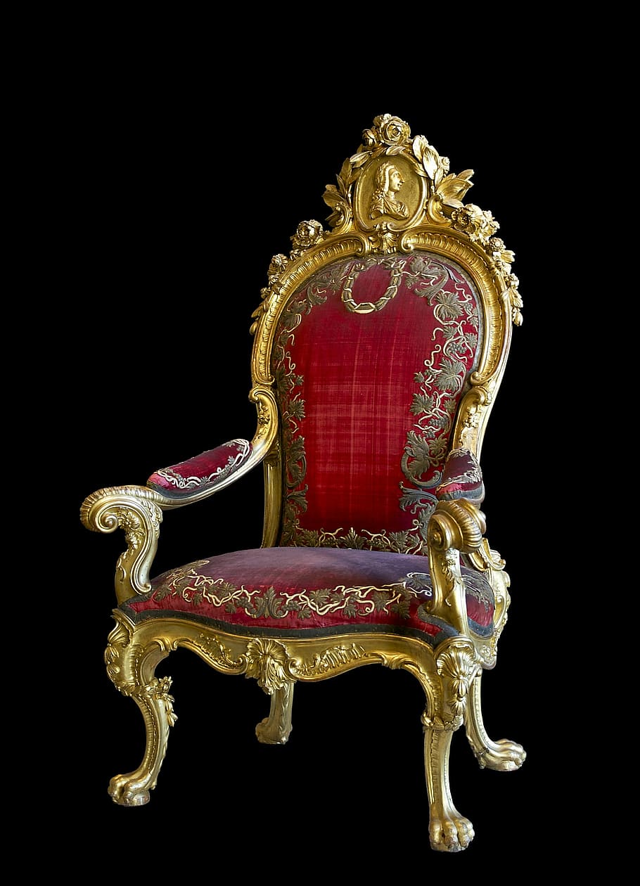 gold-colored frame red floral padded armchair, throne, charles iii, HD wallpaper
