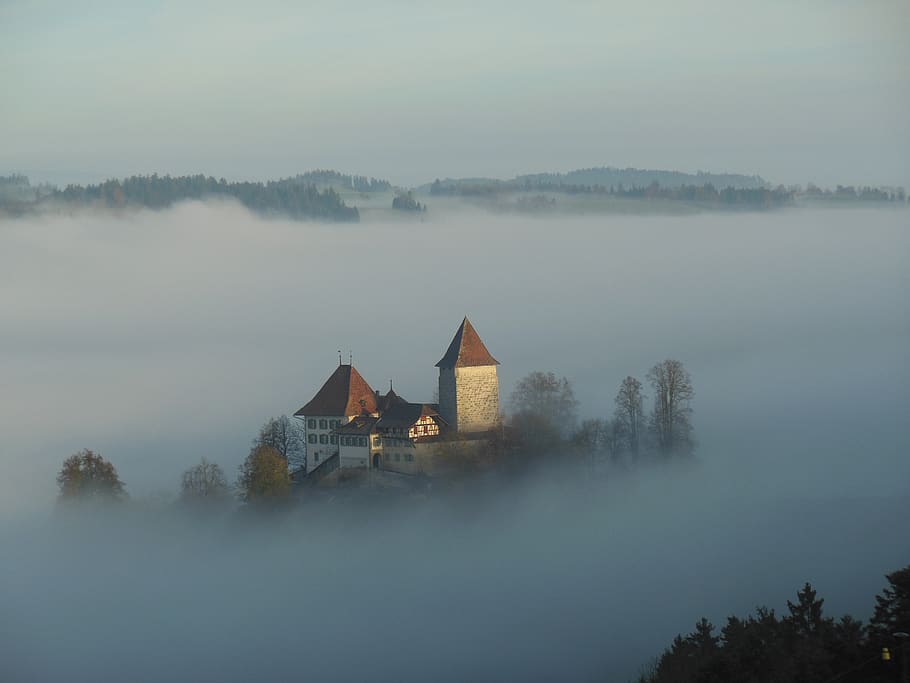 fog, dawn, landscape, architecture, tree, building exterior HD wallpaper