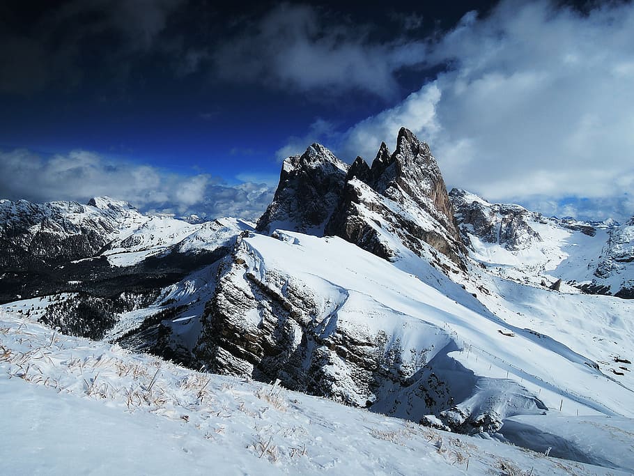 mountains filled with snow, dolomites, hill, rock, nature, alpine HD wallpaper