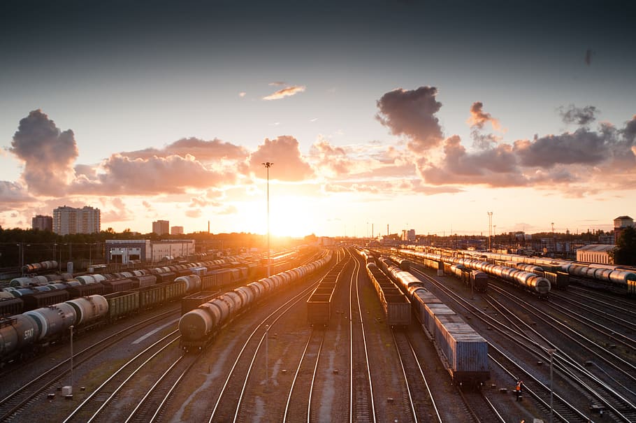 landscape photography of train station, sunset, tracks, railroad