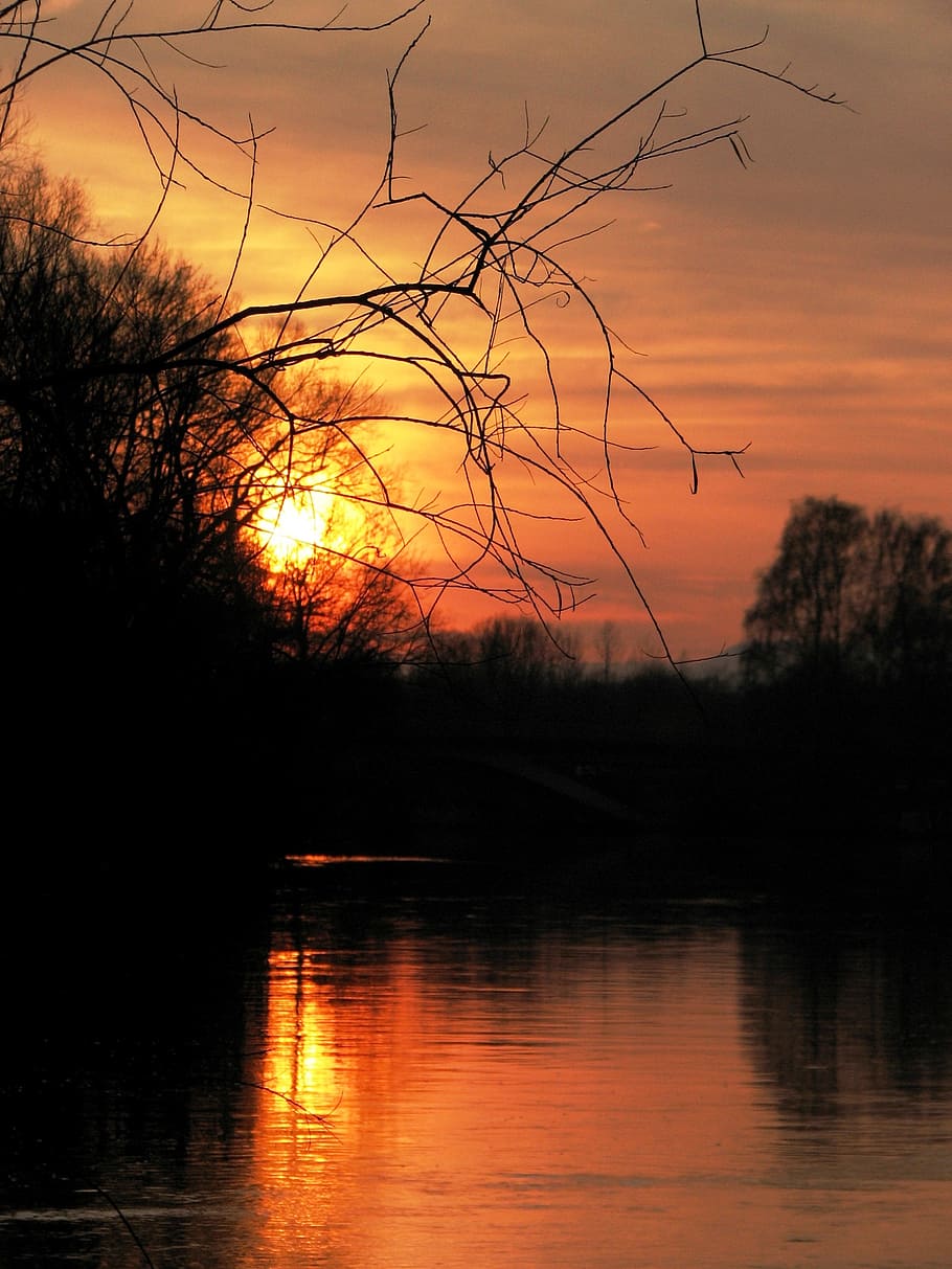 sun, evening, sunset, sky, beautiful, orange, water, red, abendstimmung HD wallpaper