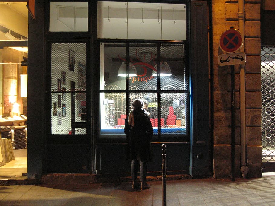 woman standing in front of a store facade, paris, night, window, HD wallpaper