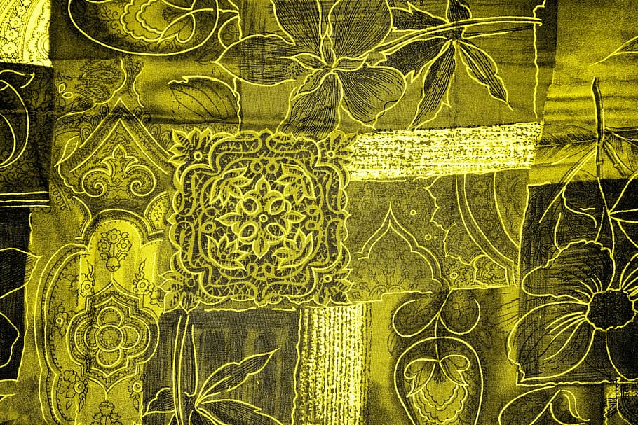 green floral textile, background, patchwork, flowers, yellow, HD wallpaper