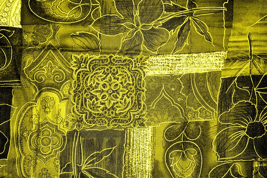 green floral textile, background, patchwork, flowers, yellow HD wallpaper
