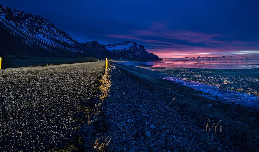 sea, road, dawn, landscape, beach, countryside, dusk, evening HD wallpaper