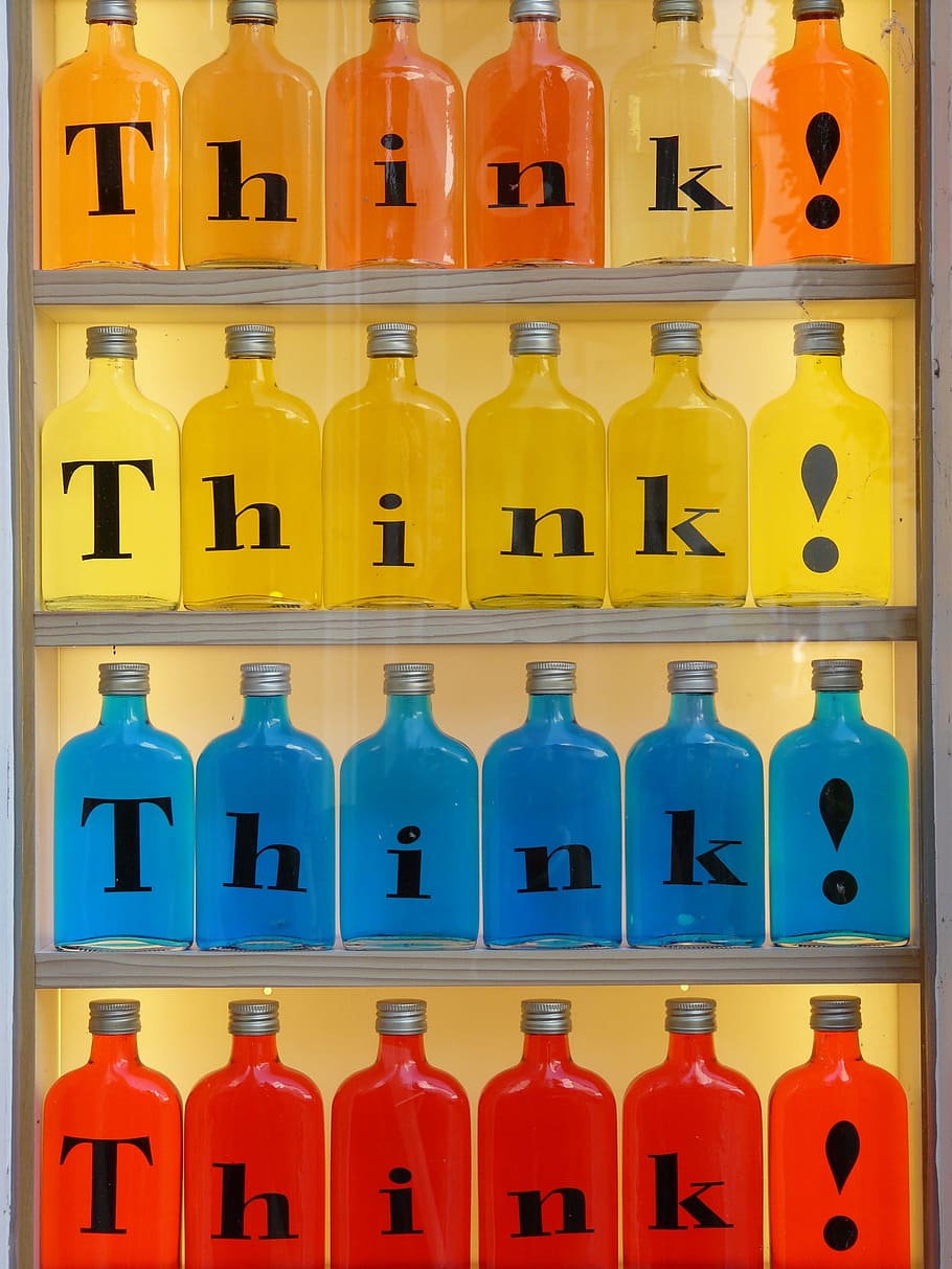 Bottles, Imprint, Glass, Think, Orange, yellow, blue, red, colorful HD wallpaper