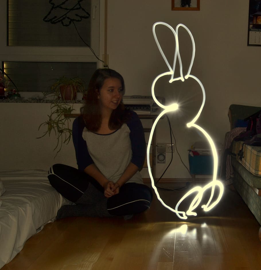 lightpainting, hare, one person, real people, illuminated, casual clothing HD wallpaper