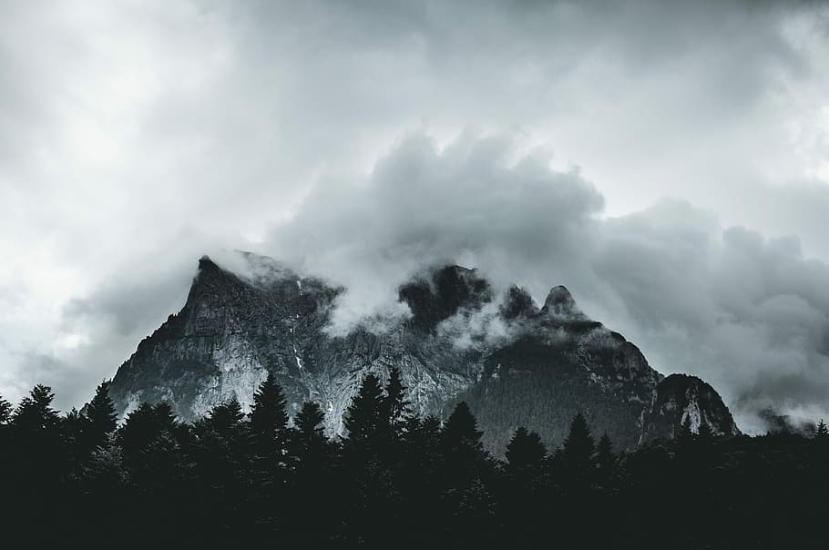 mountain covered with cloudy at daytime, grayscale photography of mountains covered in fog