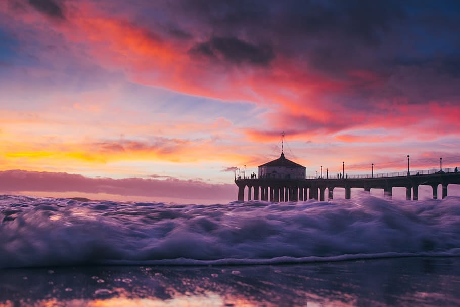 ocean, sea, waves, beach, shore, pier, dock, sunset, dusk, sky HD wallpaper