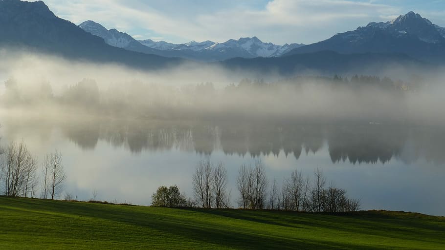 Allgäu, Lake, Forggensee, Fog, lake forggensee, autumn, tip of the miter, HD wallpaper