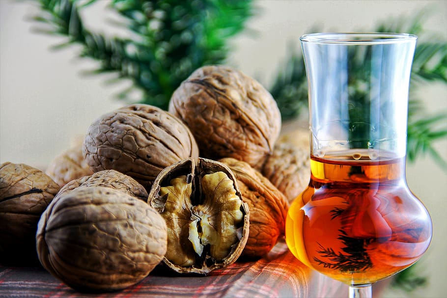 clear wine glass, nuts, liqueur, walnut, healthy, walnuts, eat HD wallpaper