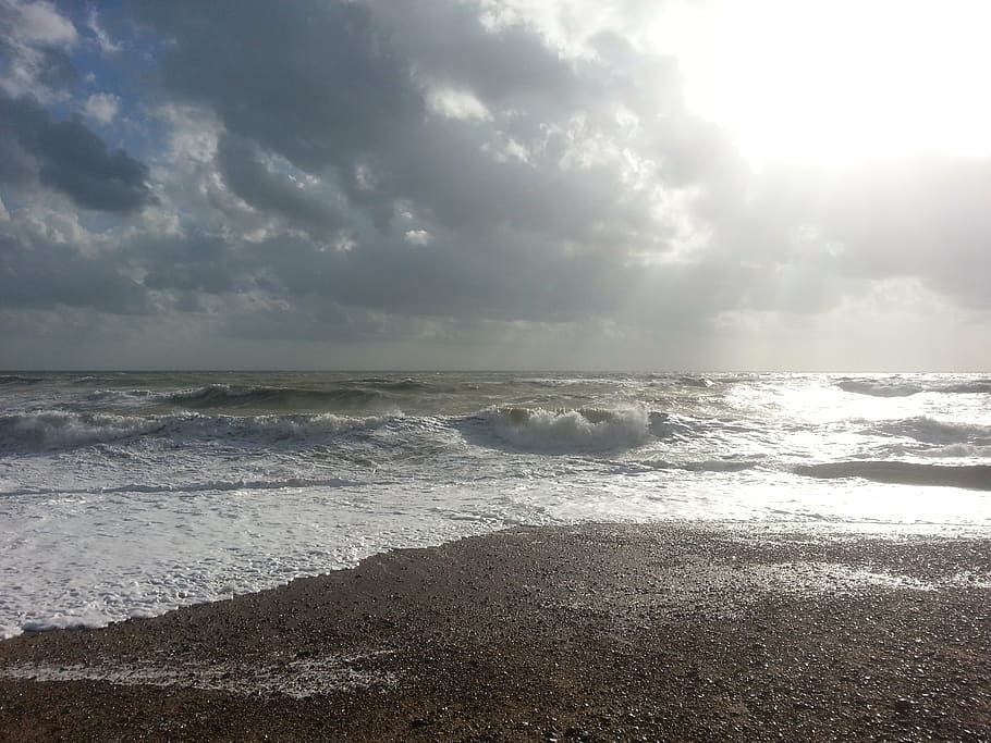 beach, wave, sea, coast, sunlight, shore, cloudy, water, land HD wallpaper