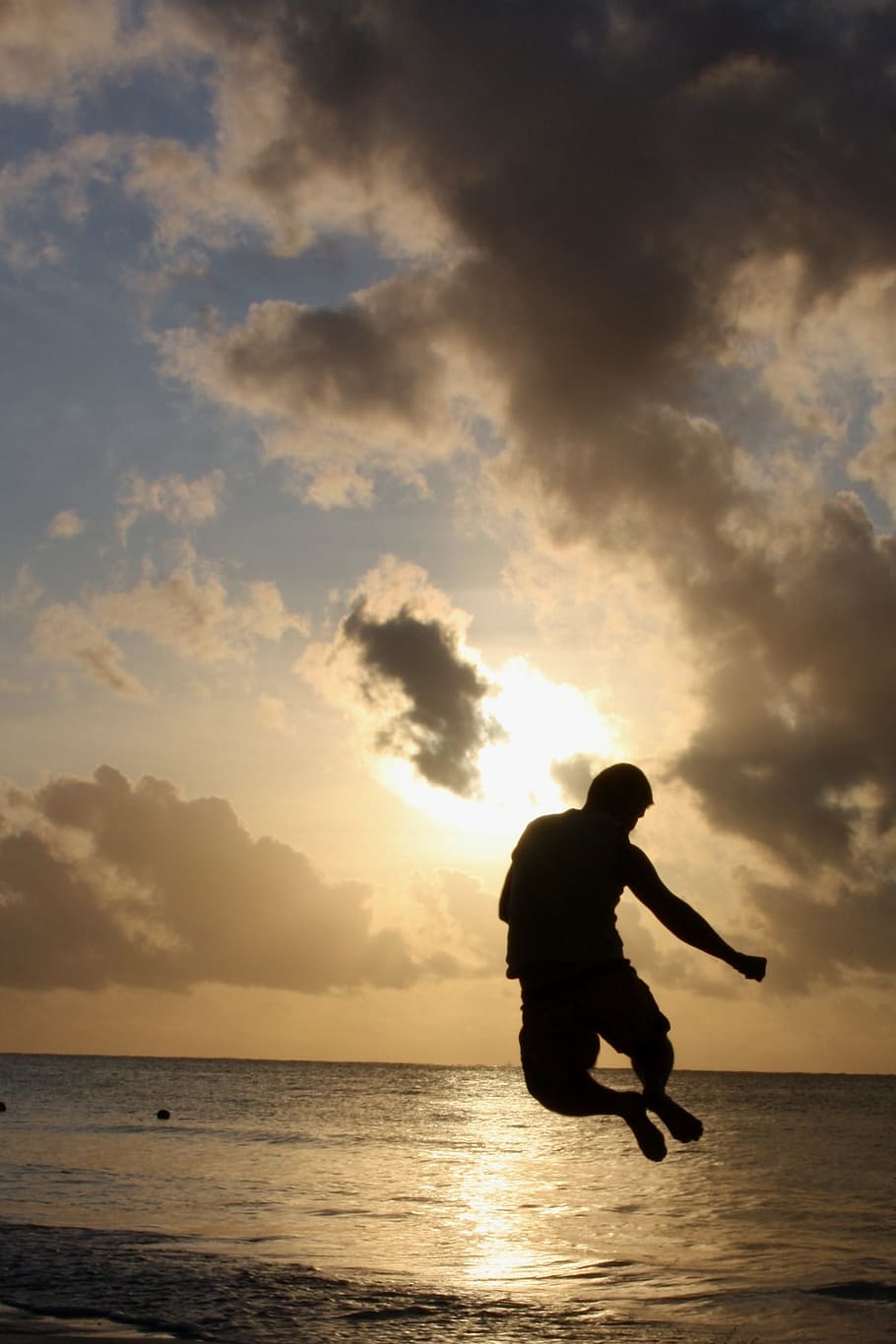 photo person jumping gesture near body of water, man, fun, sea HD wallpaper