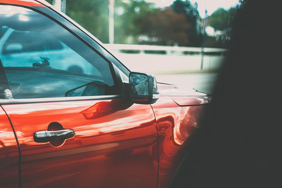 mirror, red, car, vehicle, trip, travel, transportation, mode of transportation HD wallpaper