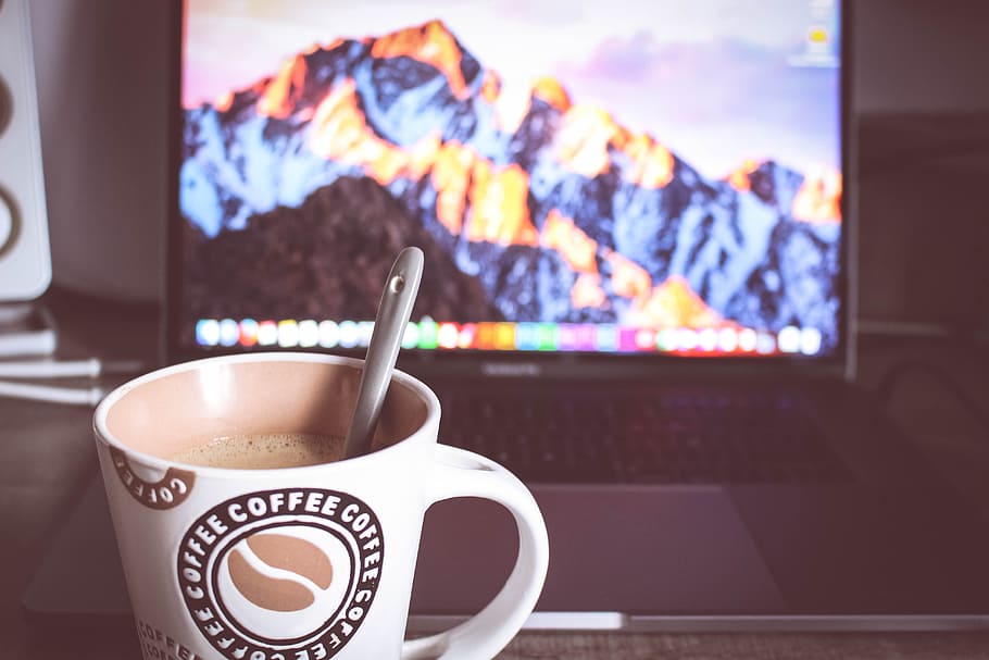 Photo of Cup of Coffee in Front of the Laptop, blur, break, caffeine HD wallpaper