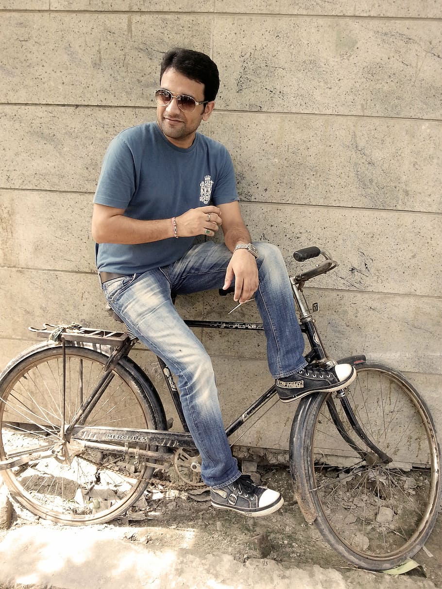 man sitting on bicycle, model, tea, style, modelling, fashion HD wallpaper