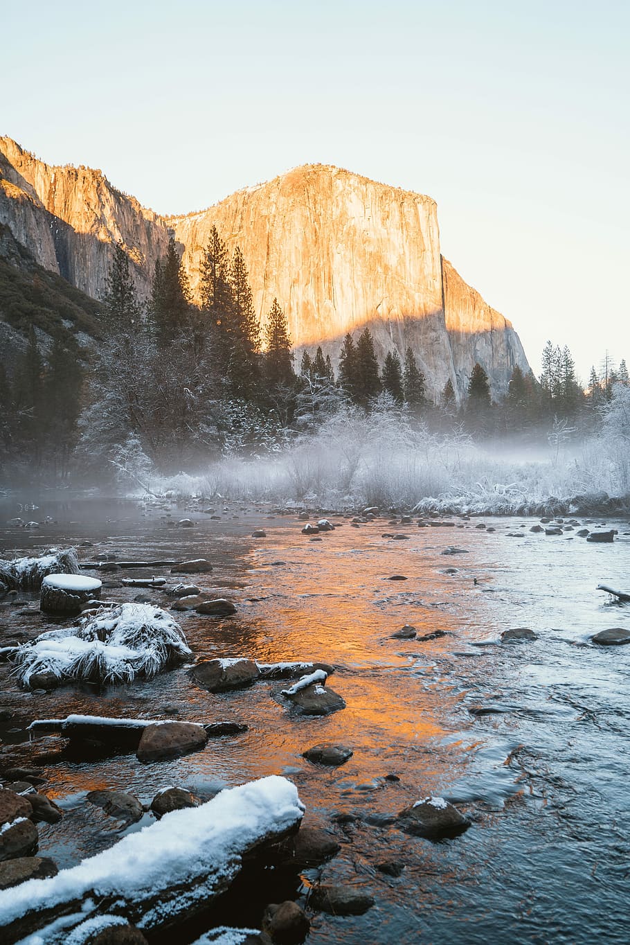 landscape photography of river with snow-coated stones, photo of trees near rivers HD wallpaper