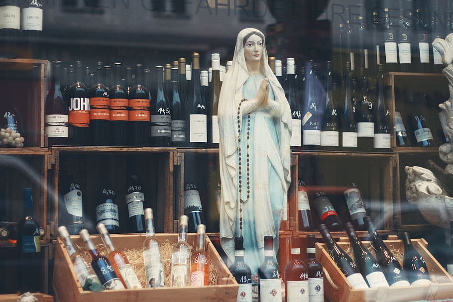 alcoholic, drink, beverage, bottle, wine, store, display, mary statue HD wallpaper