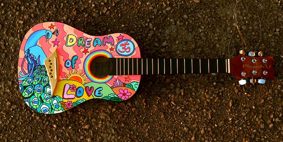 multicolored acoustic guitar, painted guitar, hippie, music, cartoon, HD wallpaper