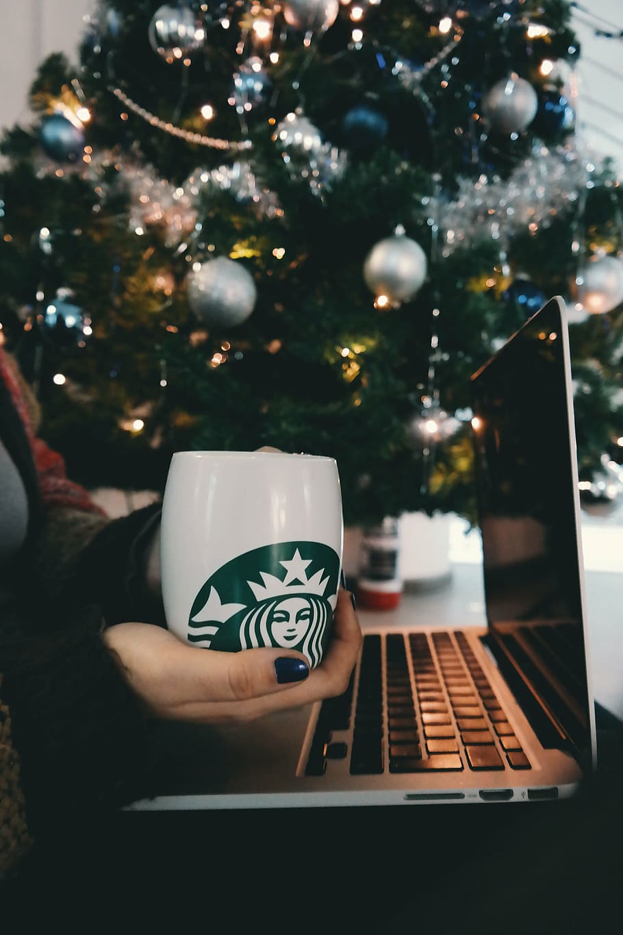 person holding white and green Starbucks mug, christmas, christmas decor, HD wallpaper
