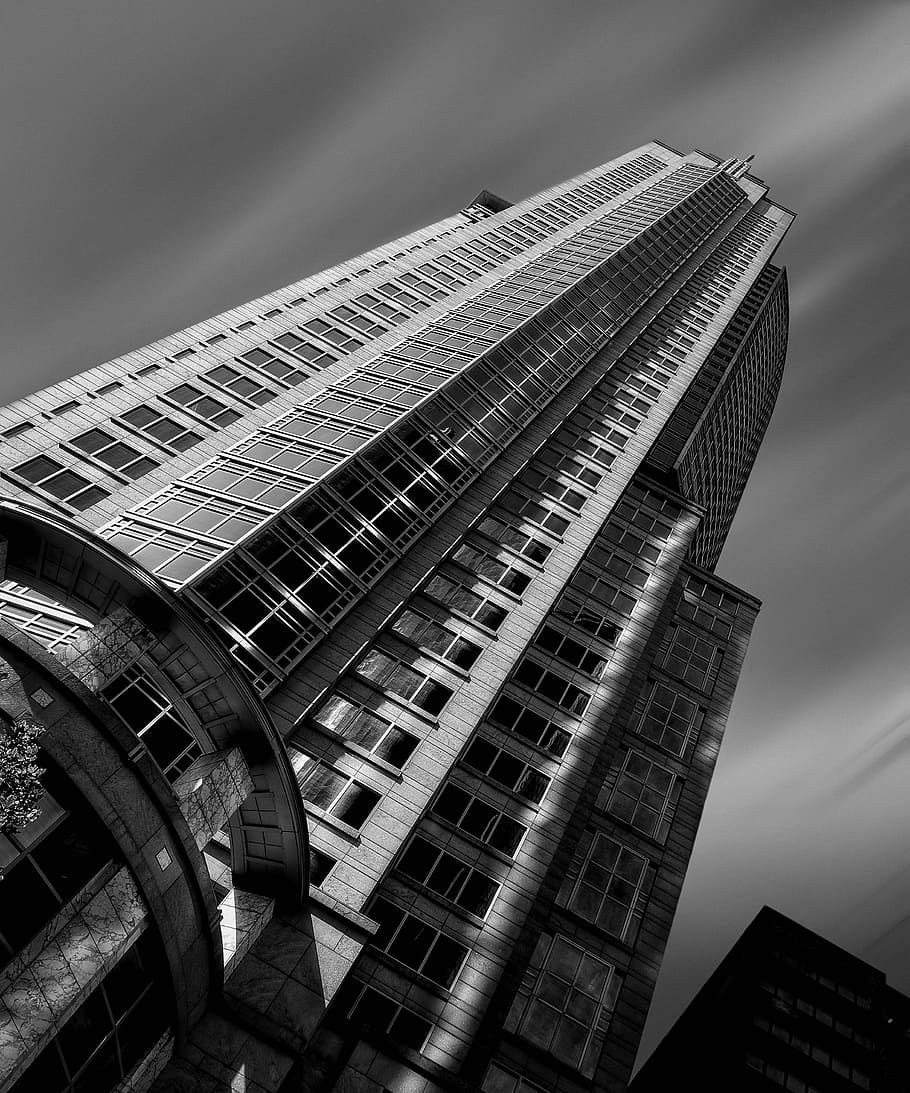 grayscale architectural photography of building, worms eye view of city building HD wallpaper