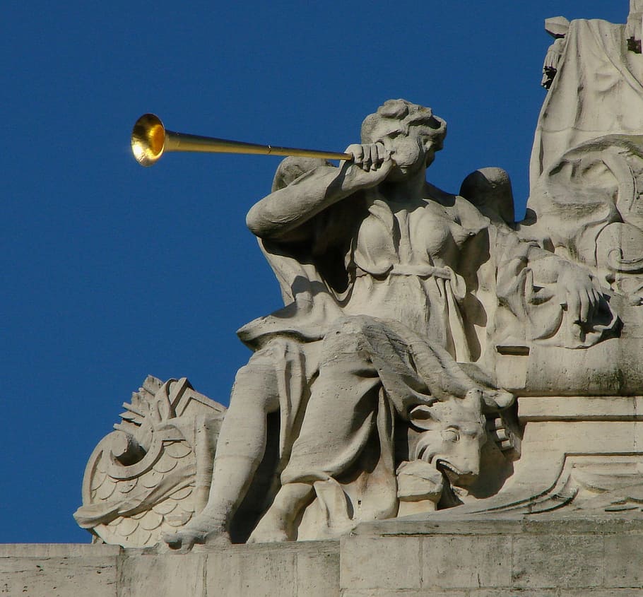 sculpture, porte de paris, gate, allegory, figure, trumpet, HD wallpaper