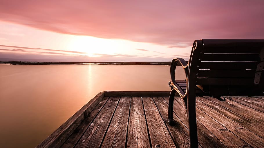 brown bench on wooden dock, brown park bench on wooden deck, lake HD wallpaper