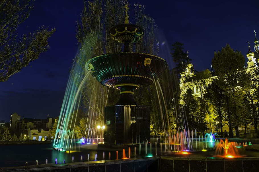 Fountain, Water, Night, Reflection, Sky, long exposure, drops HD wallpaper