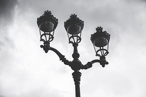 latern, dramatic, sky, clouds, city, black and white, electricity HD wallpaper