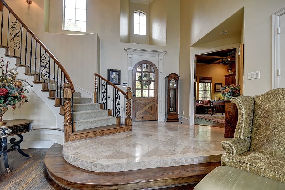 closed brown door near stairs, Staircase, Architecture, Interior HD wallpaper