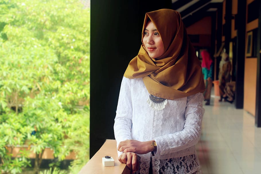 woman in white long-sleeved top, Women, Hijab, Islam, Kebaya, HD wallpaper
