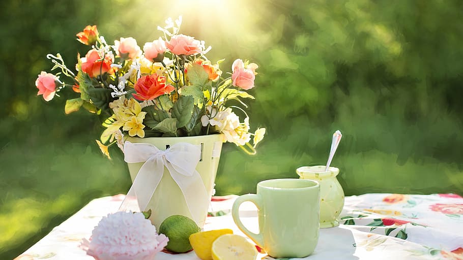 cake, color, cup, jar, joy, lemon, lemons, morning, rose vase HD wallpaper