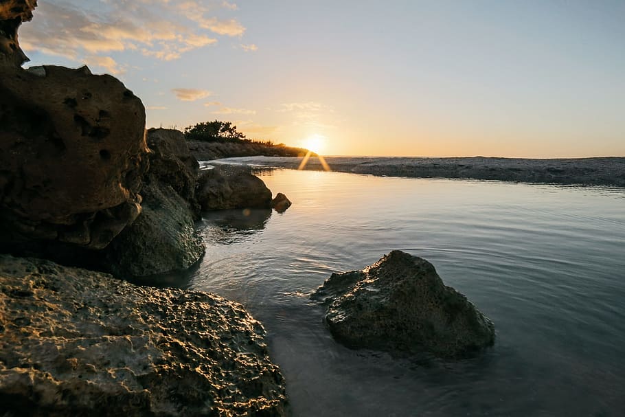 dawn, landscape, nature, sky, beach, boulders, close -up, clouds HD wallpaper
