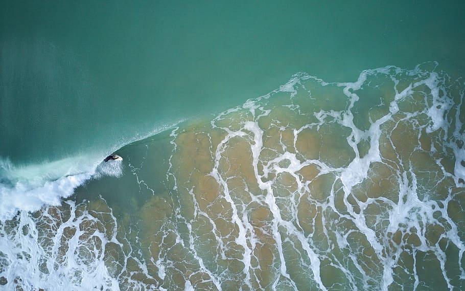 wave of water, aerial view of seawave, surfer, surfing, ocean