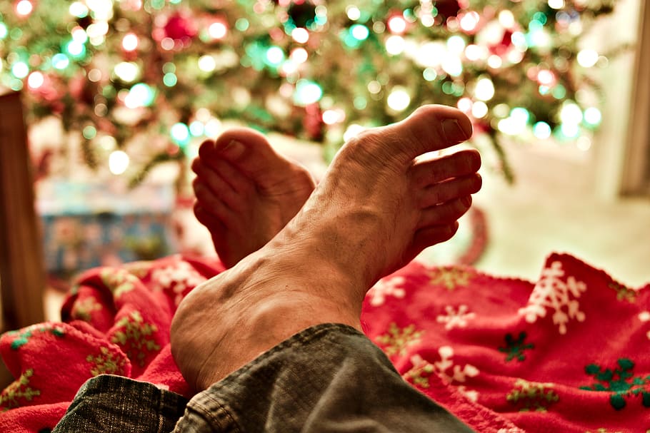 Person's Left and Right Feet, adult, blanket, christmas, christmas eve