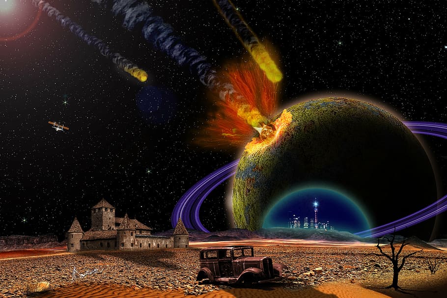 comets and planets illustration, end-of-admoria, armageddon, explosion