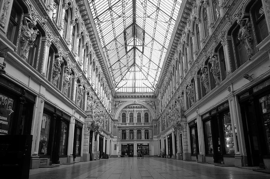 grayscale photography of building interior, city, architecture