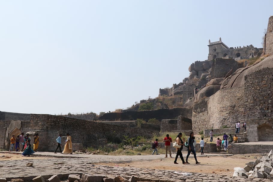 golconda fort, architecture, hyderabad, india, group of people, HD wallpaper