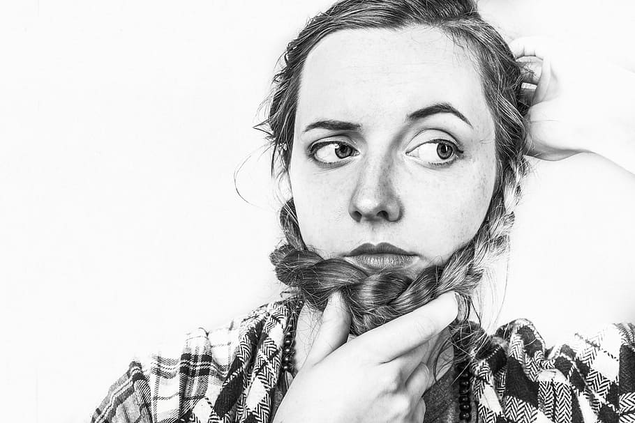 woman in black and white shirt in grayscale photo, people, whimsical