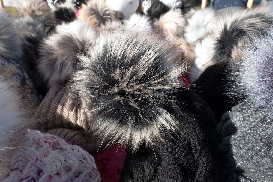 fur, cap, fur pompom, bobcap, offer, many, sale, close-up, vertebrate, HD wallpaper