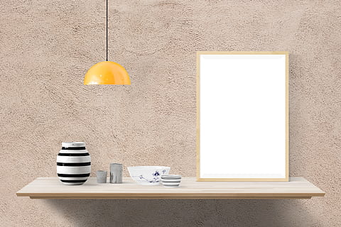 beige wooden floating shelf, poster, mockup, decor, desk, interior HD wallpaper